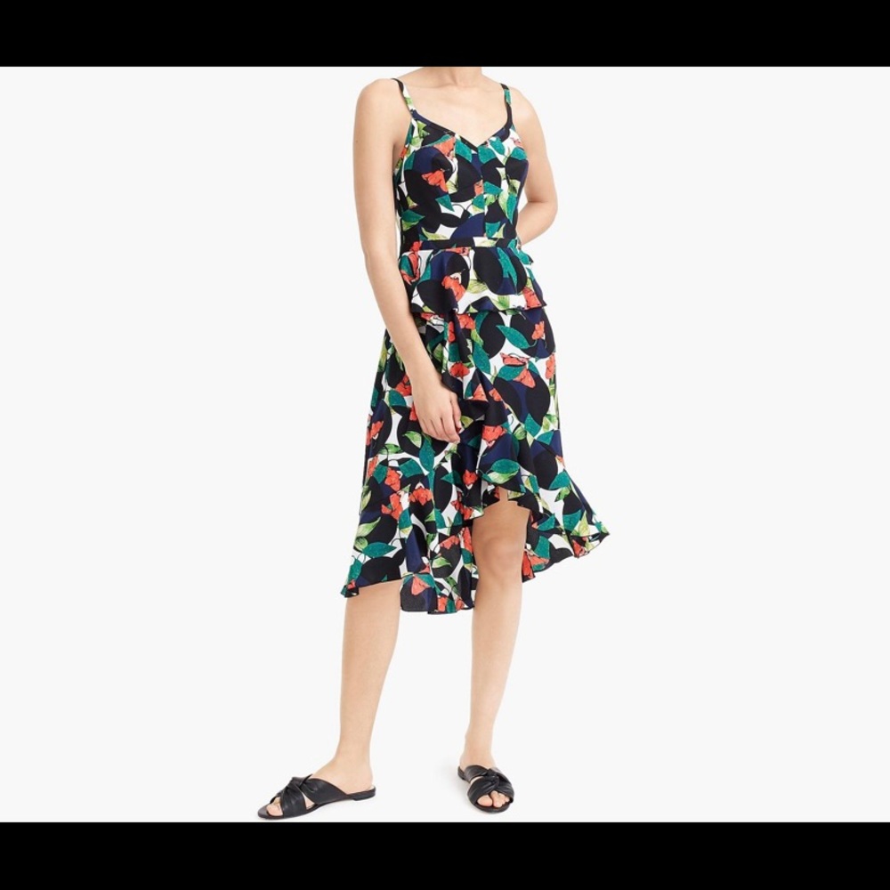 J Crew ruffle dress in tropical silk